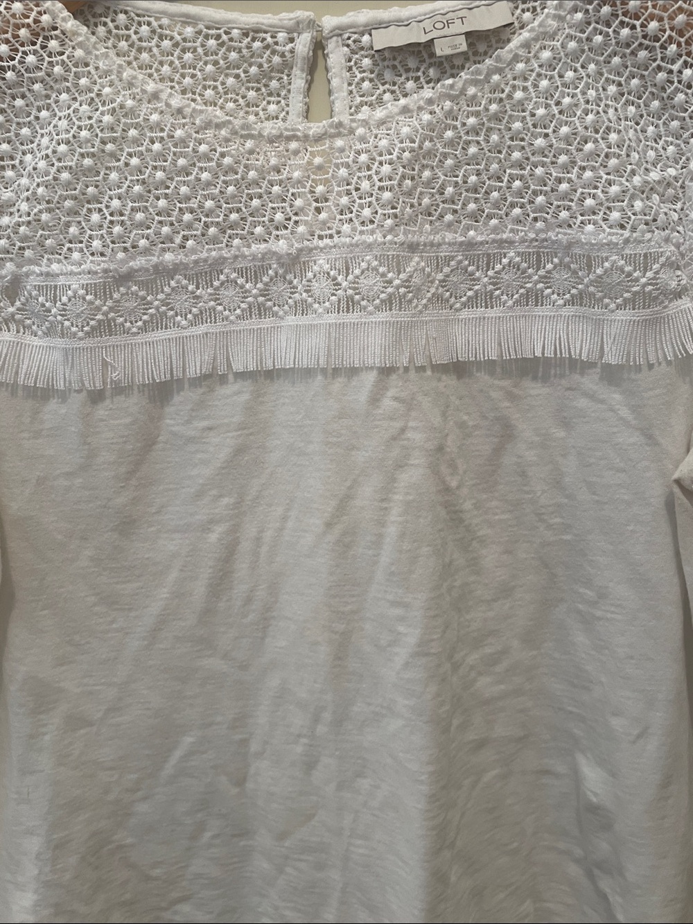 LOFT White Crochet Yoke Fringe Trim Top